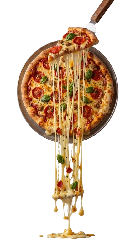 Delicious melting cheese dripping from a hot Tamba pizza